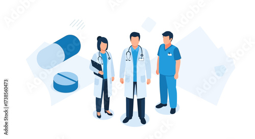 Medical Professionals in White Coats and Scrubs Standing Near Pills and Capsules Representing Healthcare and Pharmaceuticals Industry Services