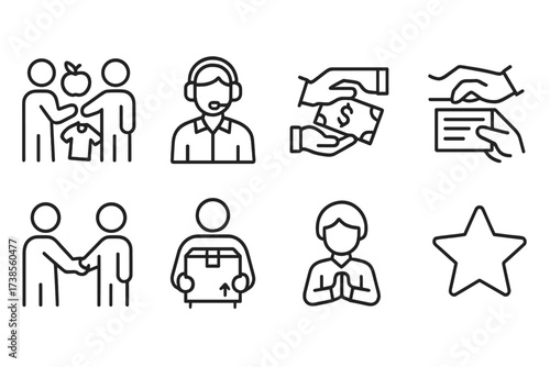 Outline Icon Set. Outline icon set of service exchange: bartering, customer service, money handoff, contract signing, service handshake, delivery package,