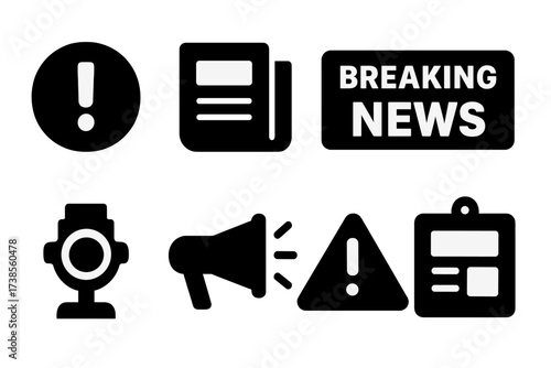 News Icon Set. Solid, filled icon set of news headlines: exclamation mark, newspaper fold, breaking news label, headline strip, spotlight, megaphone, alert