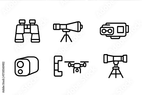 Sniper Observation Tools. Outline icon set of sniper tower observation tools: binoculars, spotting scope, night vision goggles, thermal camera, rangefinder,