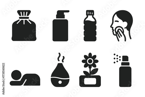 Windburn Relief Icons. Solid, filled icon set of windburn symptoms relief: cold pack, soothing lotion, hydration, gentle cleansing, rest, humidifier, chamomile