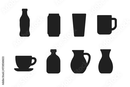 Beverage Icons Collection. Solid, filled icon set of pour beverage containers: bottle, can, glass, mug, cup, flask, pitcher, carafe. Solid, filled icons in