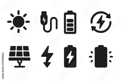 Solar Energy Icons. Solid, filled icon set of solar battery charging: sun rays, charging cable, battery charge level, lightning bolt, power flow, solar
