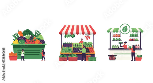 Farmers Market Scene Illustration Featuring Fresh Produce Stalls and Shoppers Buying Healthy Food Choices