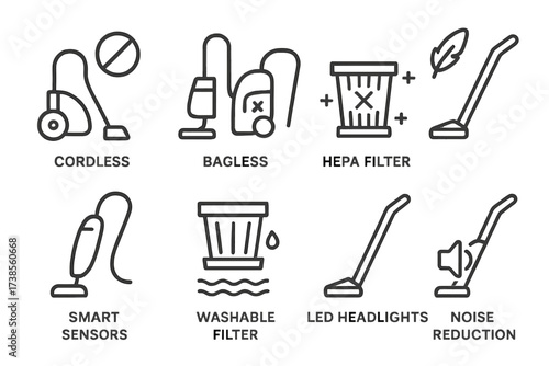 Vacuum Icon Set. Outline icon set of vacuum cleaner features: cordless, bagless, HEPA filter, lightweight, smart sensors, washable filter, LED headlights,