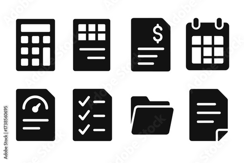 Financial Toolkit Icons. Solid, filled icon set of financial trouble tools: calculator, spreadsheet, budget planner, calendar, credit report, checklist, file