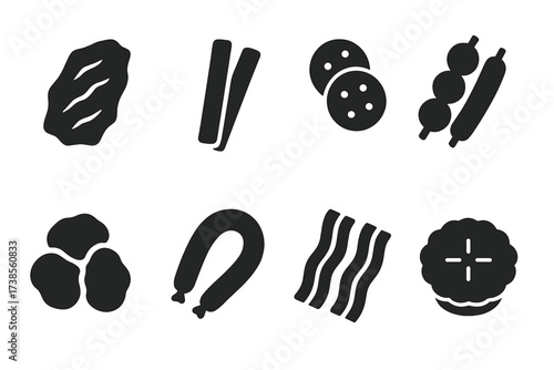 Meat Snacks Icons. Solid, filled icon set of meat snacks: jerky, meat sticks, pepperoni slices, meatballs, chicken nuggets, sausage links, bacon strips, meat