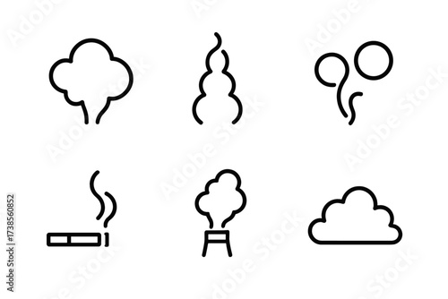 Smoke Icons Set. Outline icon set of smoke signals and effects: smoke cloud, rising smoke, smoke trail, smoke rings, cigarette smoke, chimney smoke, fire