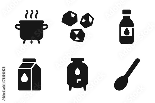 Syrup Production Icons. Solid, filled icon set of syrup production: boiling pot, sugar crystals, filtering, bottling, packaging, labeling, fermentation tank,