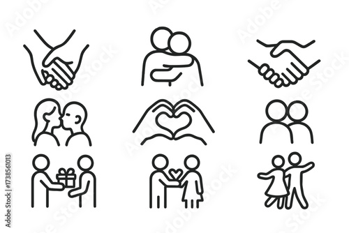 Affectionate Gesture Icons. Outline icon set of affectionate gestures: holding hands, hugging couple, handshake, cheek kiss, heart hands gesture, couple
