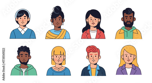 Diverse Group of People Representing Various Cultures and Backgrounds in Artistic Flat Design Style