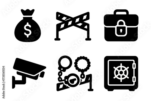 Seized Inventory Icons. Solid, filled icon set of seized inventory: confiscated money bag, police tape, locked briefcase, auction gavel, security camera,