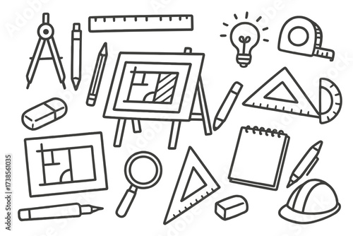 Architectural Drafting Tools. Hand-drawn doodle illustration architectural draft blueprint, compass, ruler, pencil, protractor, drafting table, measuring tape,