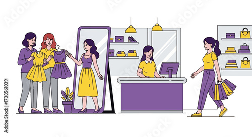 Fashionable women shopping for stylish new dresses in a modern clothing boutique with a friendly sales assistant at the checkout counter