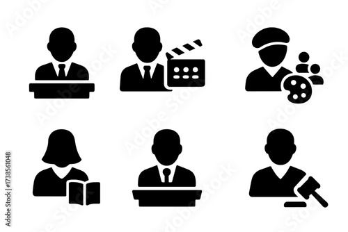 Professional Role Icons. Solid, filled icon set of title role: CEO, director, manager, leader, artist, author, speaker, judge. Solid, filled icons in only