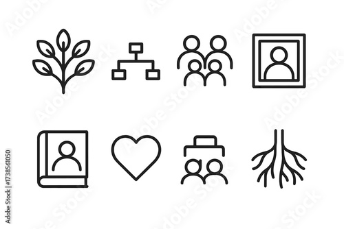 Family Tree Icons. Outline icon set of family tree: tree, branches, leaves, family members, photo frame, genealogy book, heart, roots. Line icons in only black