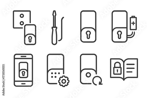 Smart Lock Installation Icons. Outline icon set of smart lock installation: mounting bracket, screwdriver, wiring, battery insertion, setup app, configuration