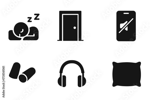 Silence Icons Collection. Solid, filled icon set of silence in daily life: sleeping person, closed door, quiet zone sign, muted phone, earplugs, reading book,