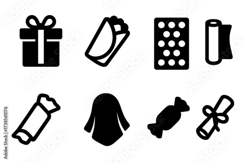 Wrap Icon Set. Solid, filled icon set of wrap: gift wrap, food wrap, bubble wrap, plastic wrap, paper wrap, fabric wrap, candy wrap, wrap with ribbon. [Line