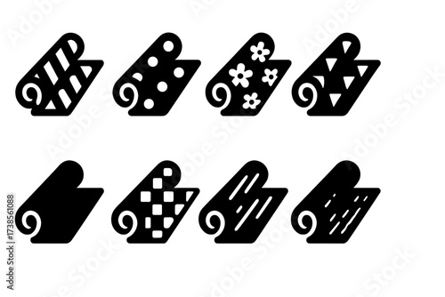 Wrap Pattern Icons. Solid, filled icon set of wrap patterns: striped wrap, polka dot wrap, floral wrap, geometric wrap, plain wrap, checkered wrap, metallic