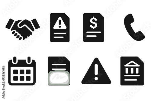 Creditor Interaction Icons. Solid, filled icon set of creditor interactions: business handshake, letter of demand, invoice, telephone, calendar appointment,