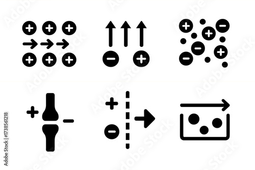 Ionic Process Icons. Solid, filled icon set of ion movement: ion flow, electric field, diffusion, ion channel, membrane transport, ionic current, ion exchange,