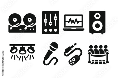 DJ Equipment Icons. Solid, filled icon set of DJ and dance floor setup: turntables, sound mixer, laptop with waveform, loudspeaker, dance floor lights, wired