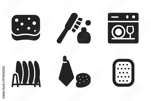 Mug Cleaning Icons. Solid, filled icon set of mug cleaning tools: sponge, brush, soap, dishwasher, drying rack, towel, scrubber, cleaning tablet. Solid, filled