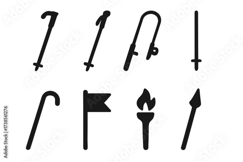 Outdoor Gear Icons. Solid, filled icon set of stick outdoor gear: hiking stick, ski pole, fishing rod, tent pole, walking cane, flagpole, torch, spear. Line