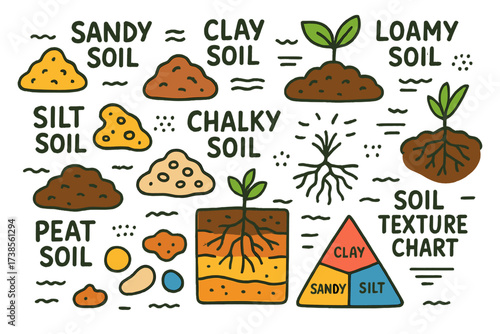 Colorful Soil Types. Soil types. Colorful Hand-drawn doodle Children illustration soil types sandy soil, clay soil, loamy soil, silt soil, chalky soil, peat