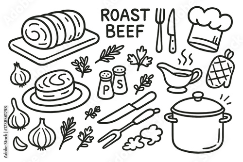 Roast Beef Essentials. Hand-drawn doodle illustration Roast beef roast beef slice, carving knife, fork, plate, gravy boat, herbs, pepper shaker, salt shaker,