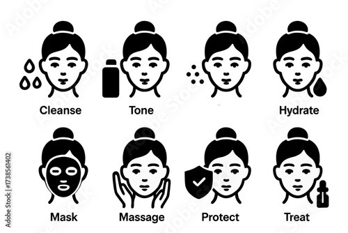 Face Care Routine Icons. Solid, filled icon set of face care steps: cleanse, tone, exfoliate, hydrate, mask, massage, protect, treat. Line icons in only black