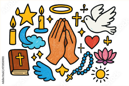 Colorful Prayer Symbols. Prayer. Colorful Hand-drawn doodle Children illustration Prayer folded hands, candle, star, moon, cloud, dove, cross, halo, book,