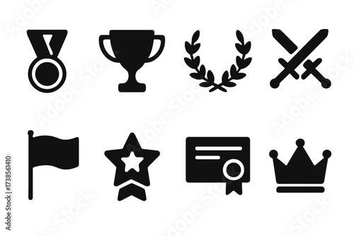 Duel Award Icons. Solid, filled icon set of duel trophies: medal, trophy cup, laurel wreath, sword crossed with shield, flag, star badge, certificate, crown.