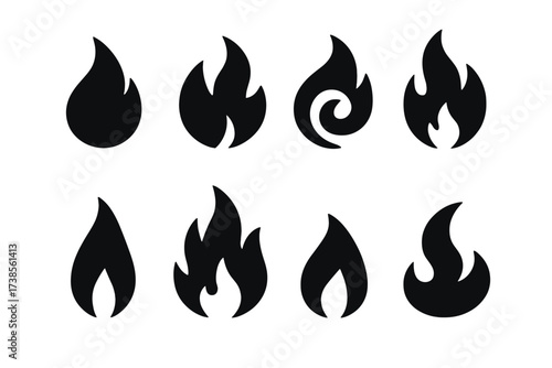 Flame Icons Collection. Solid, filled icon set of flame types: single flame, double flame, spiral flame, flickering flame, steady flame, raging flame, low