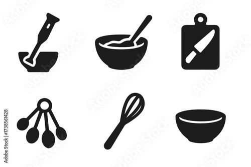Bean Dip Icon Set. Solid, filled icon set of bean dip preparation: blending, mixing bowl, food processor, chopping board, knife, measuring spoons, whisk, bowl.