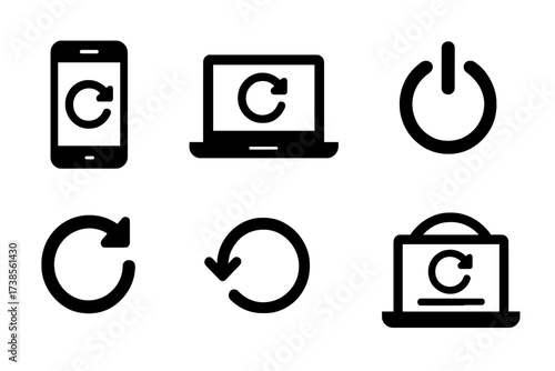 Device Restart Icons. Solid, filled icon set of device restart: smartphone restart, laptop reboot, power switch, refresh icon, reload arrow, reset icon,