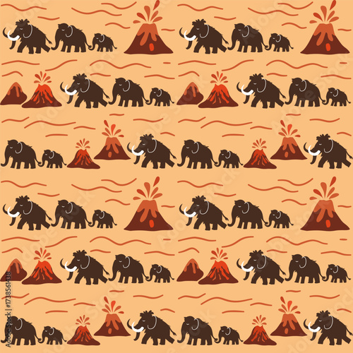 Vector seamless pattern with mammoths, baby mammoths and erupting volcanoes on yellow background. Prehistoric style design for textile and decor.