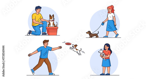 People Engaging in Various Dog Activities Like Training Playing and Walking Their Companions