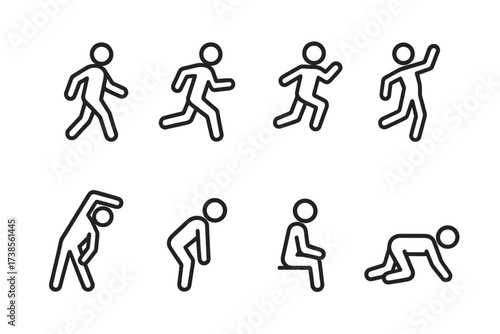 Human Movement Icons. Outline icon set of human movement: walking, running, jumping, dancing, stretching, bending, sitting, crawling. Line icons in only black