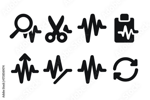 Waveform Editing Icons. Solid, filled icon set of waveform editing tools: zoom, cut, copy, paste, normalize, fade in, fade out, loop selection. Solid, filled