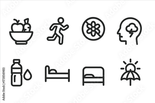 Anti-Inflammatory Icons. Solid, filled icon set of anti-inflammatory prevention: balanced diet, regular exercise, avoiding allergens, stress management,