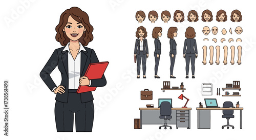 Professional Business Woman Character And Office Workspace Design Elements For Animation And Illustration Projects