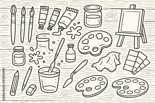 Art Tools Doodle. Hand-drawn doodle illustration Painting tools on wood surface paintbrushes, paint tubes, palette, water cup, wooden table grain, rag cloth,