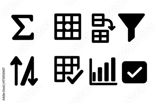 Spreadsheet Function Icons. Solid, filled icon set of spreadsheet functions: sum function, average calculation, pivot table, filter icon, sort