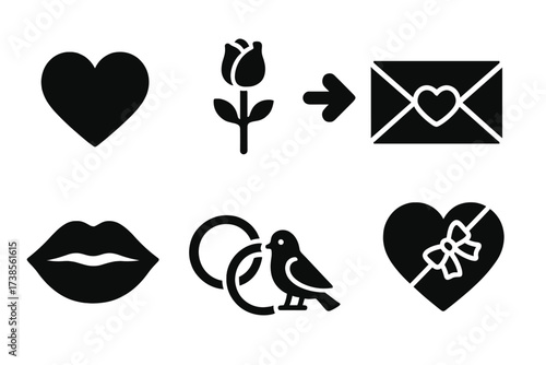 Romance Icon Set. Solid, filled icon set of romance symbols: heart, rose, cupid arrow, love letter, kissing lips, wedding rings, lovebirds, chocolate box.