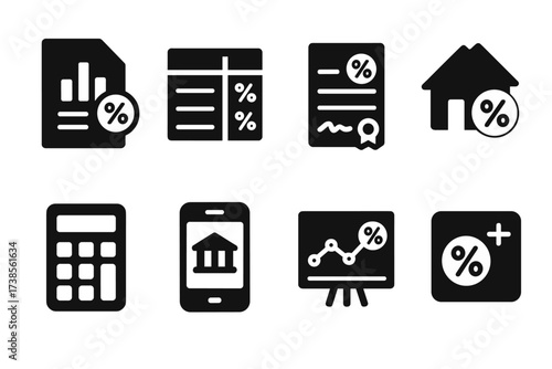 Interest Tools Icons Grid. Solid, filled icon set of interest rate tools: financial report, interest table, loan contract, mortgage papers, calculator app,
