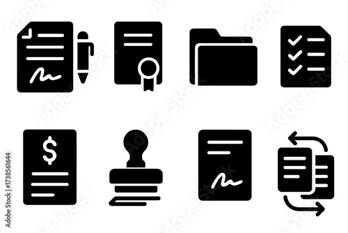 Black Portfolio Icons. Solid, filled icon set of portfolio documentation: contract, certificate, report folder, checklist, financial statement, audit stamp,