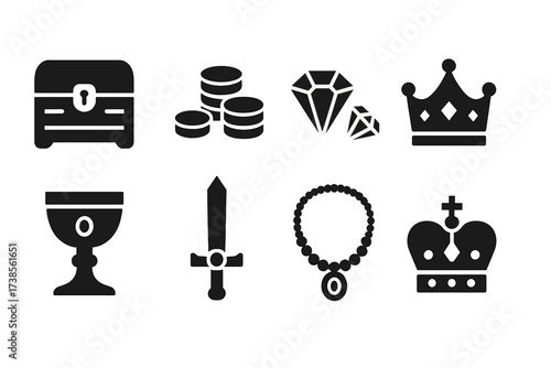 King's Treasure Icons. Solid, filled icon set of king?s treasures: treasure chest, gold coins, gems, crown jewels, golden chalice, jeweled sword, ornate