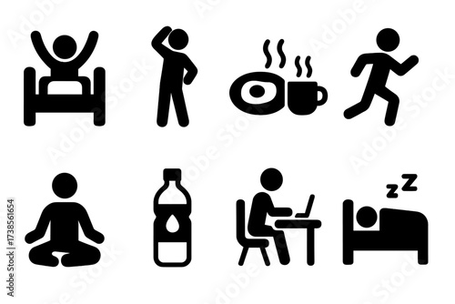 Daily Wellness Icons. Solid, filled icon set of wellness daily routine: wake up, stretch, eat breakfast, exercise, meditate, hydrate, work, sleep. Line icons